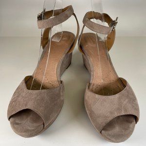Size 10 Clarks Beige Suede Wedges with Toe & Ankle Straps & Comfort Sole